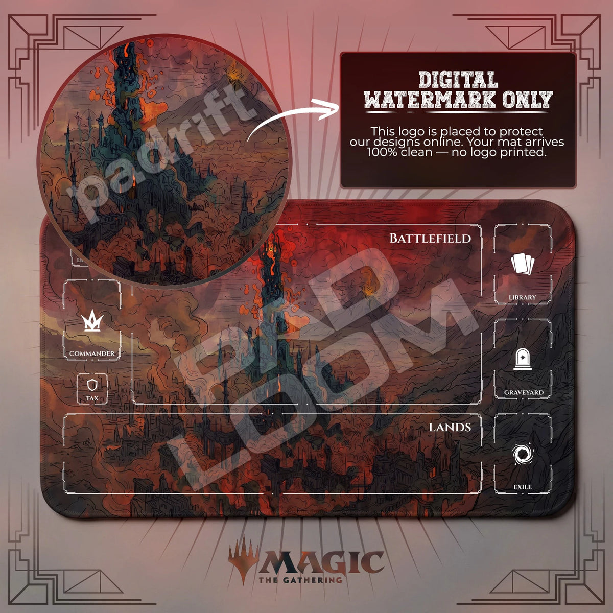 Mordor Inferno MTG playmat with zones; the Padloom watermark is digital only, not printed