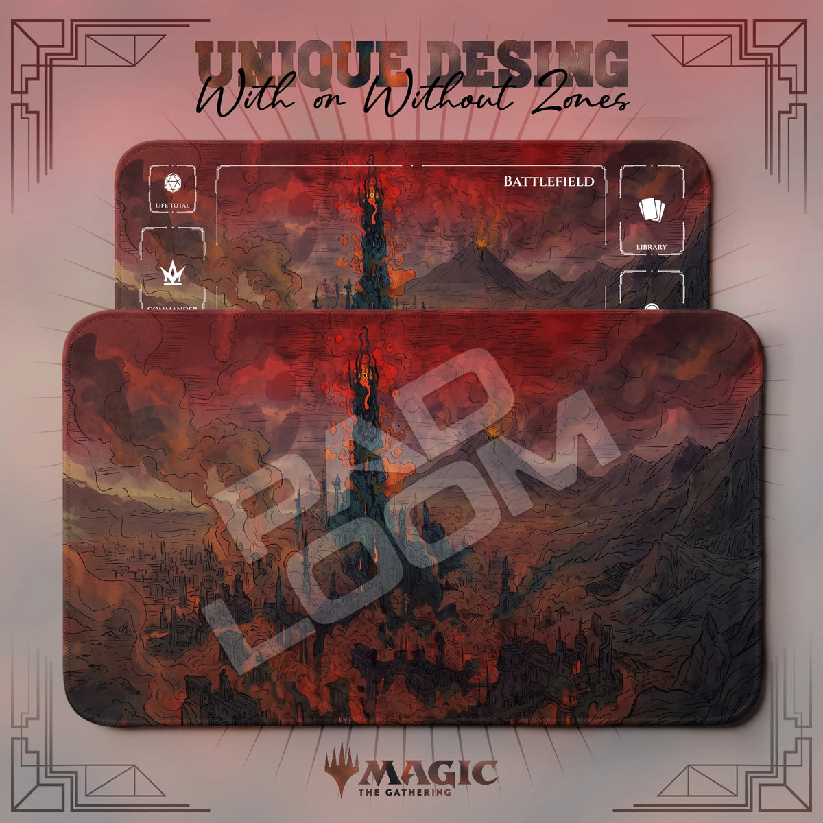 Mordor Inferno MTG playmat shown with zones and without zones