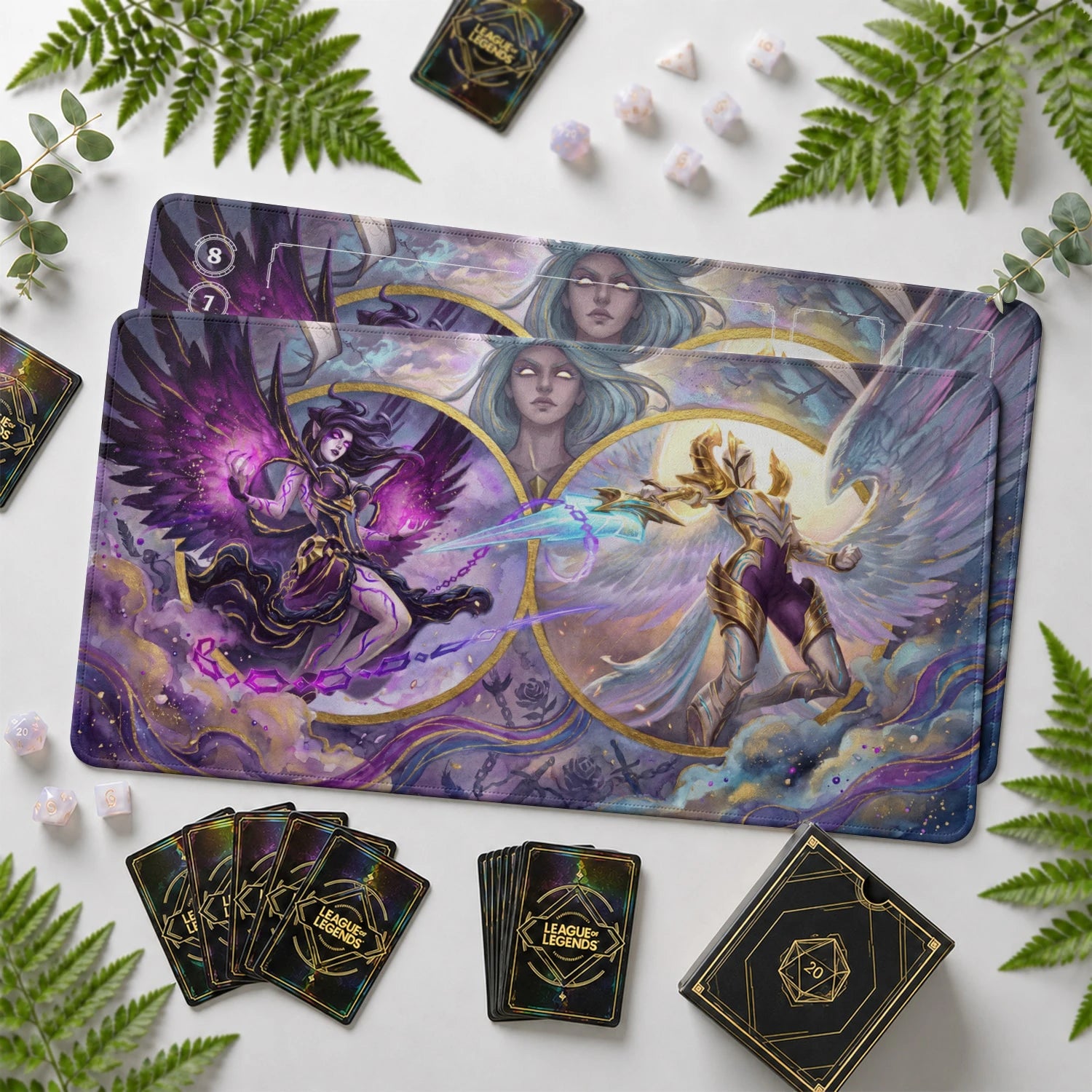 Morgana vs Kayle Riftbound TCG playmat with card zones and score track – LoL game mat
