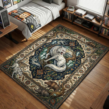 Princess Mononoke Moro wolf god snarling in forest vintage Persian art style area rug and floor mat