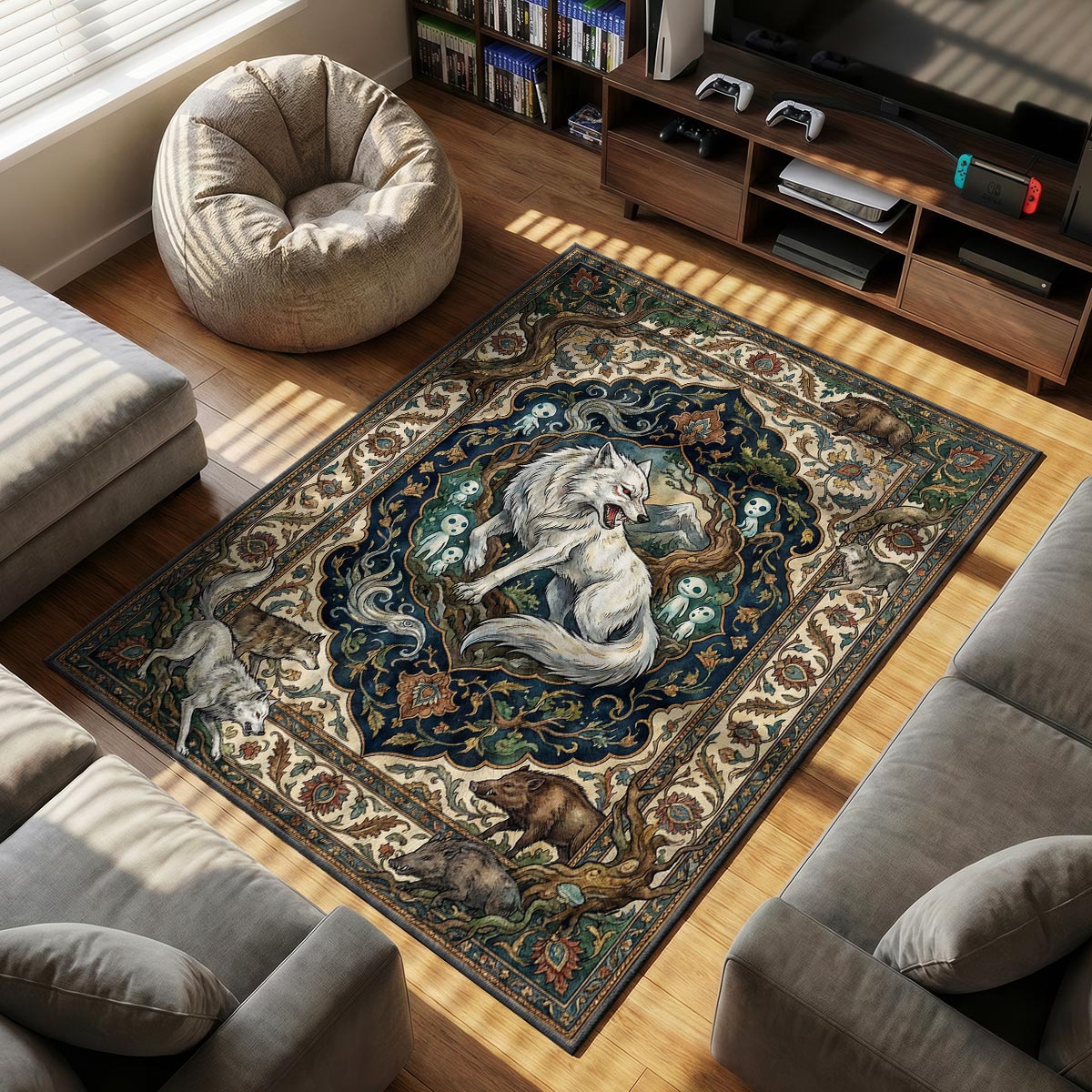 Moro Wolf themed area rug for home decor fans