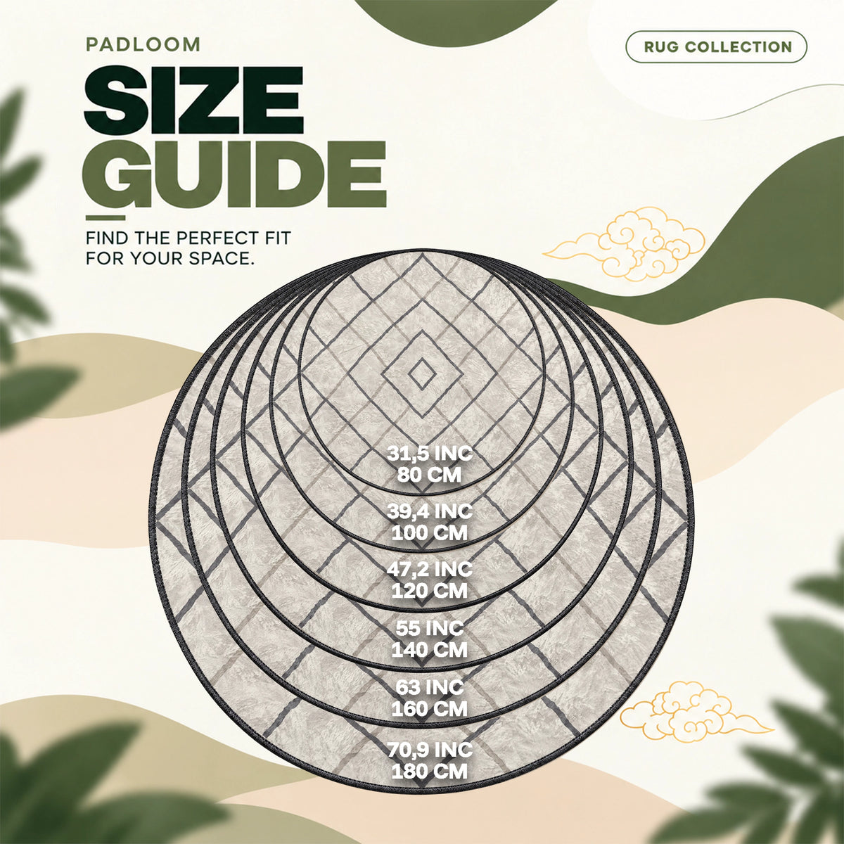 Moroccan Diamond round rug size guide, 80 to 180 cm (31.5 to 70.9 in)