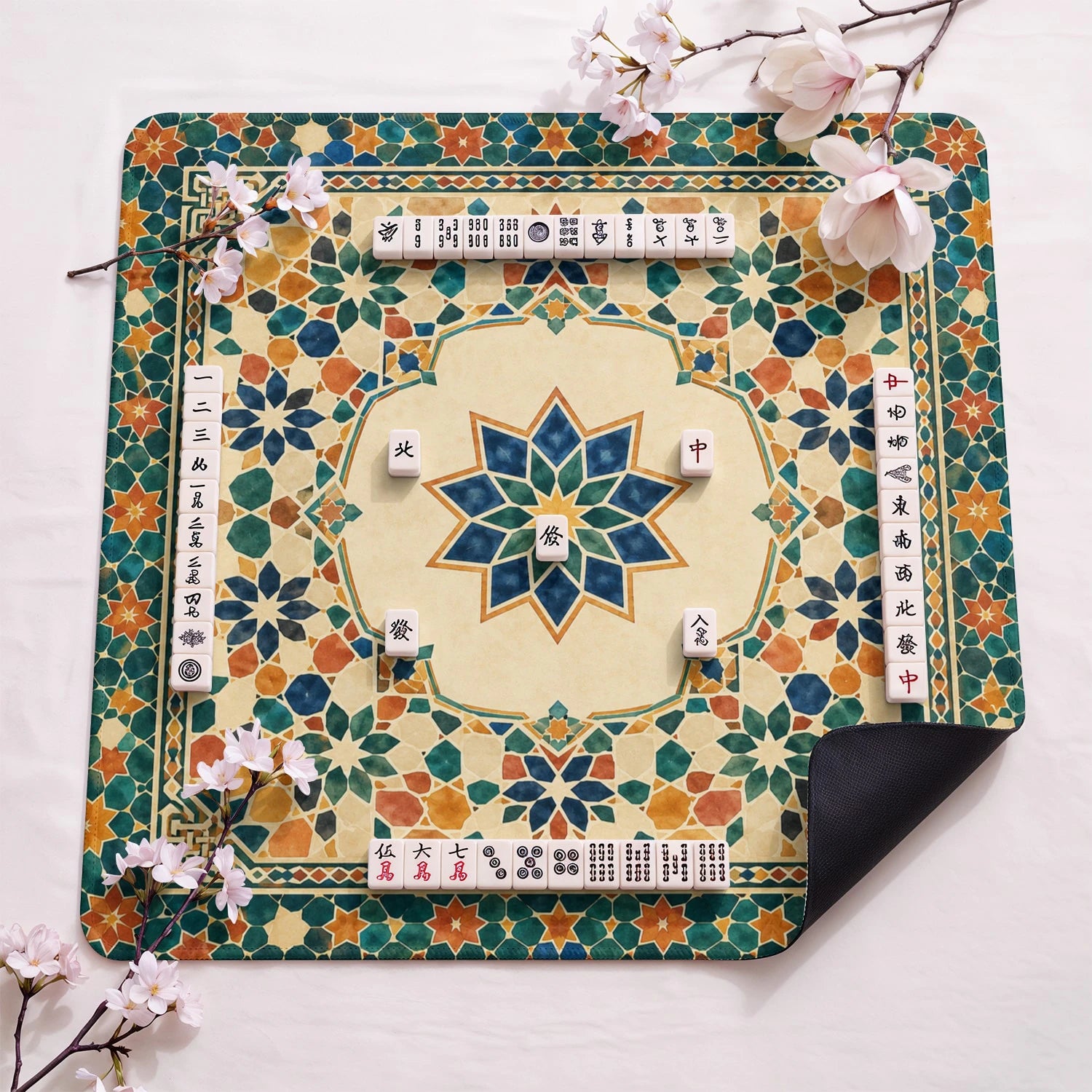 Moroccan Mosaic Star design close-up on mahjong mat surface