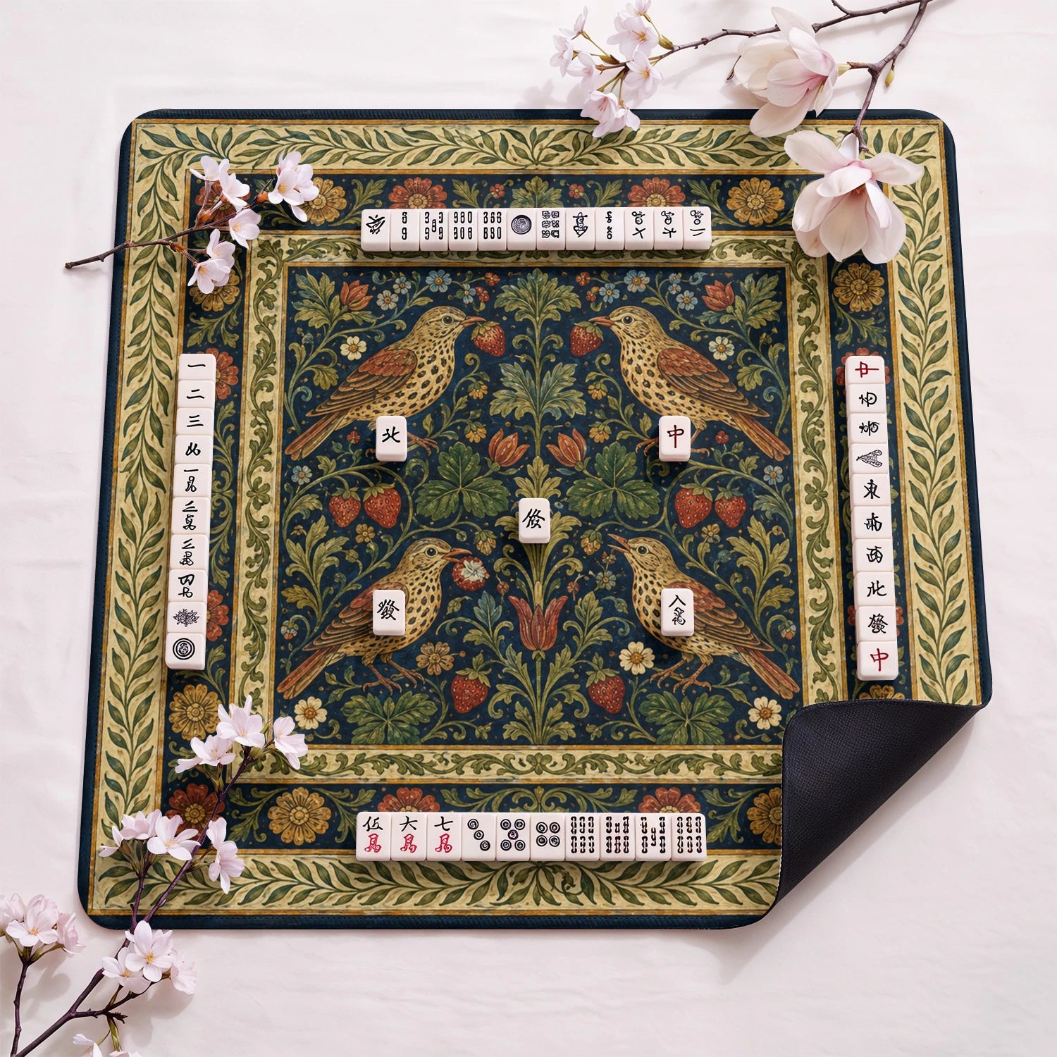 Morris Bird design close-up on mahjong mat surface