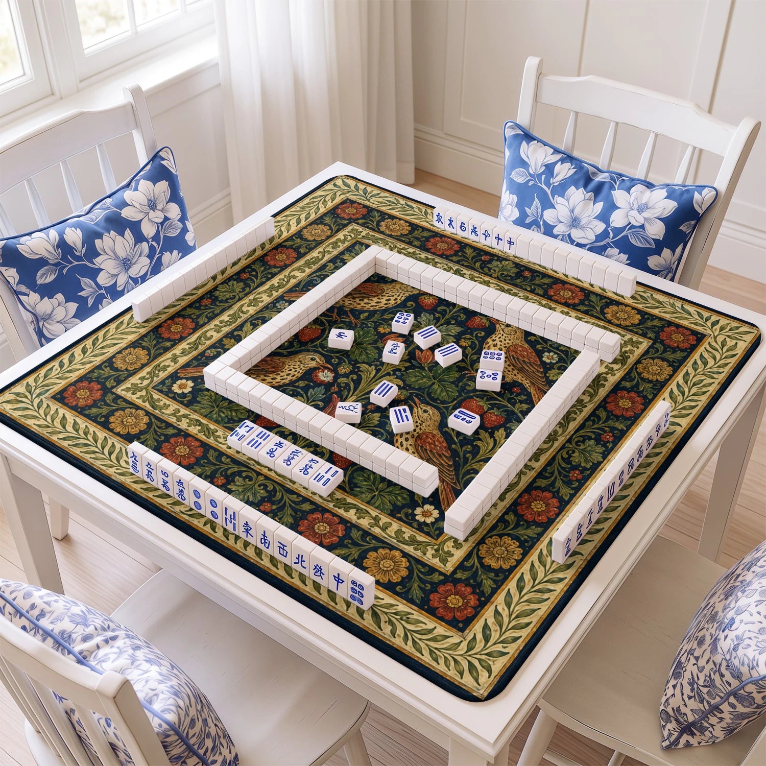 Morris Bird mahjong mat with tiles and racks on the table