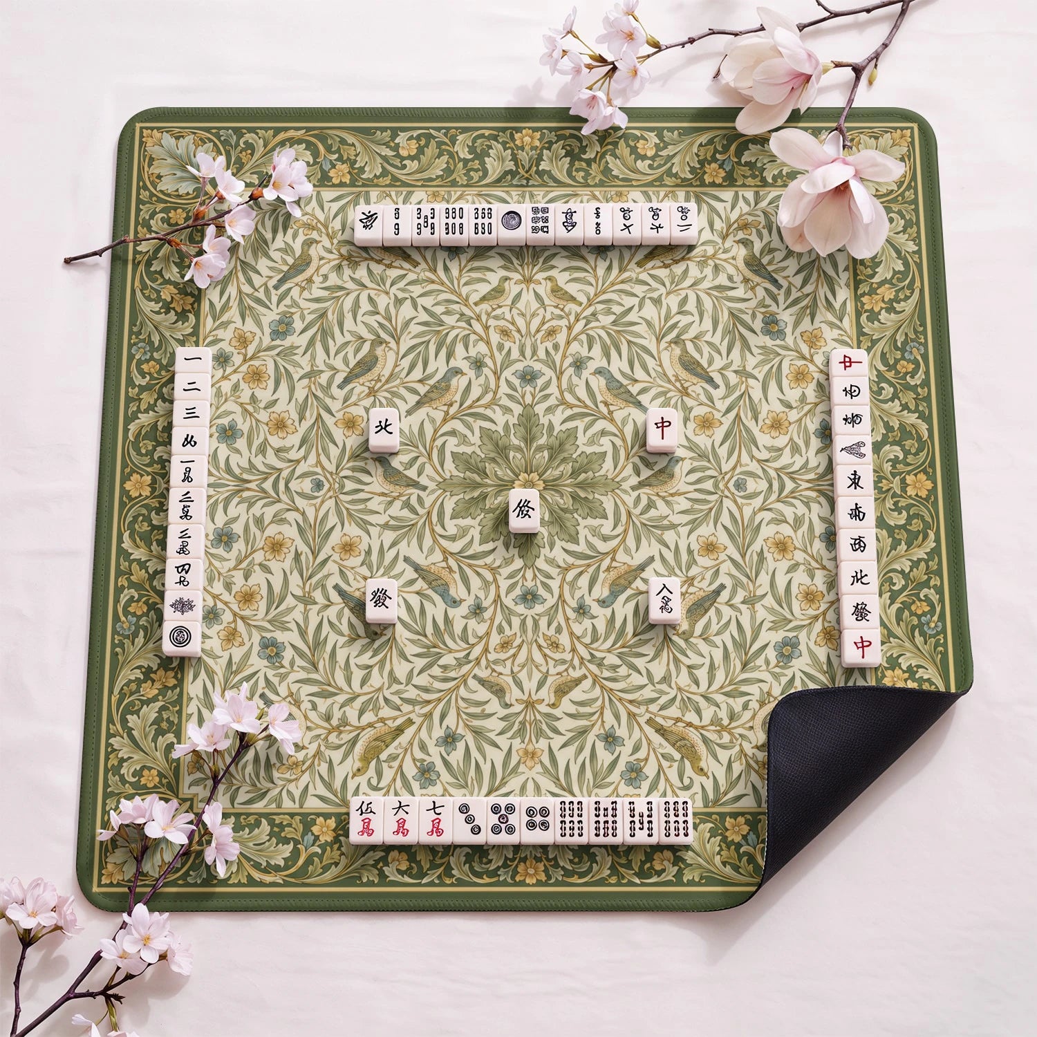 Morris Songbird design close-up on mahjong mat surface