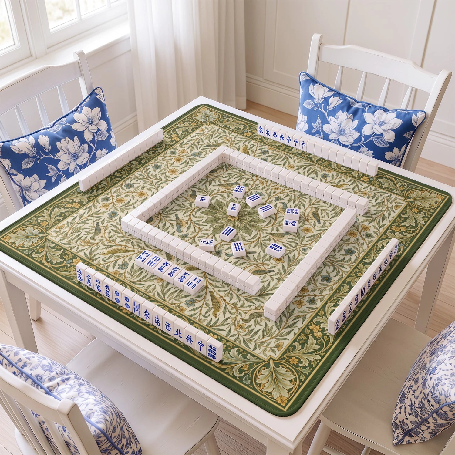 Morris Songbird mahjong mat with tiles and racks on the table