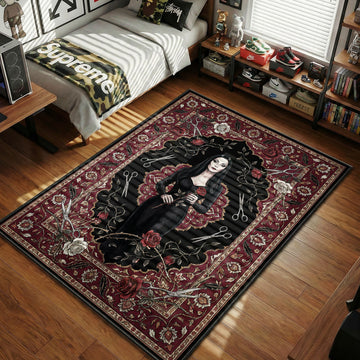 Morticia Addams gothic rose black red hypebeast area rug