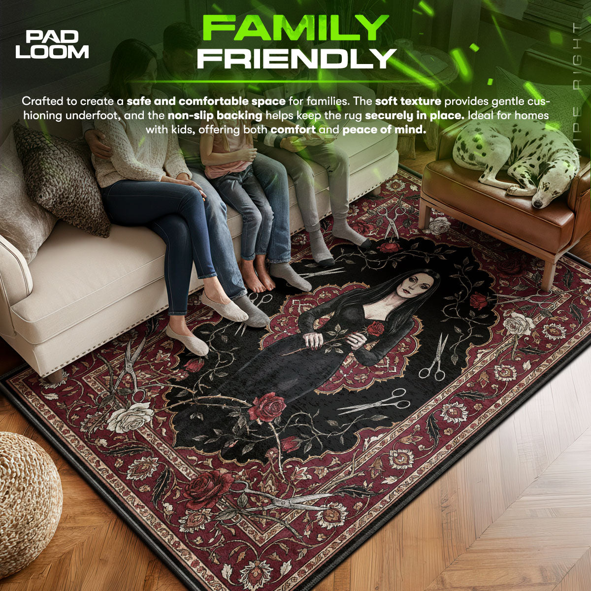 Morticia area rug showing full Gothic artwork