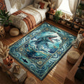 Mosasaurus breaching the water to eat a shark in a vintage nautical watercolor style movie themed area rug and home theater mat