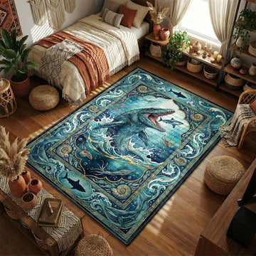 Mosasaurus breaching the water to eat a shark in a vintage nautical watercolor style movie themed area rug and home theater mat