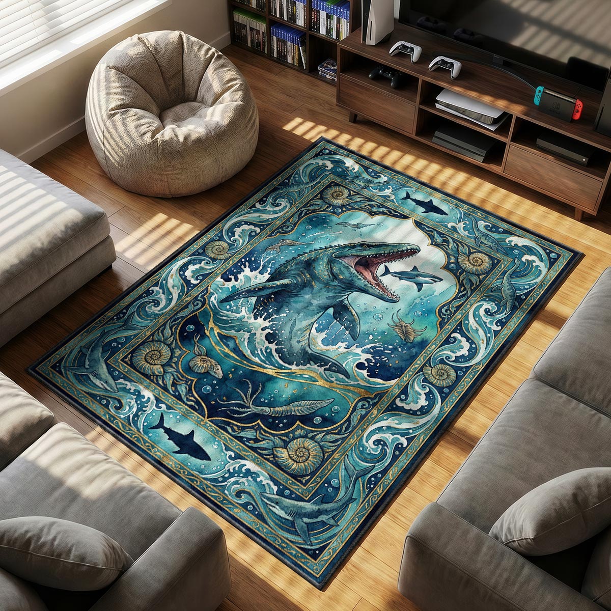 Mosasaurus Shark themed area rug for home decor fans