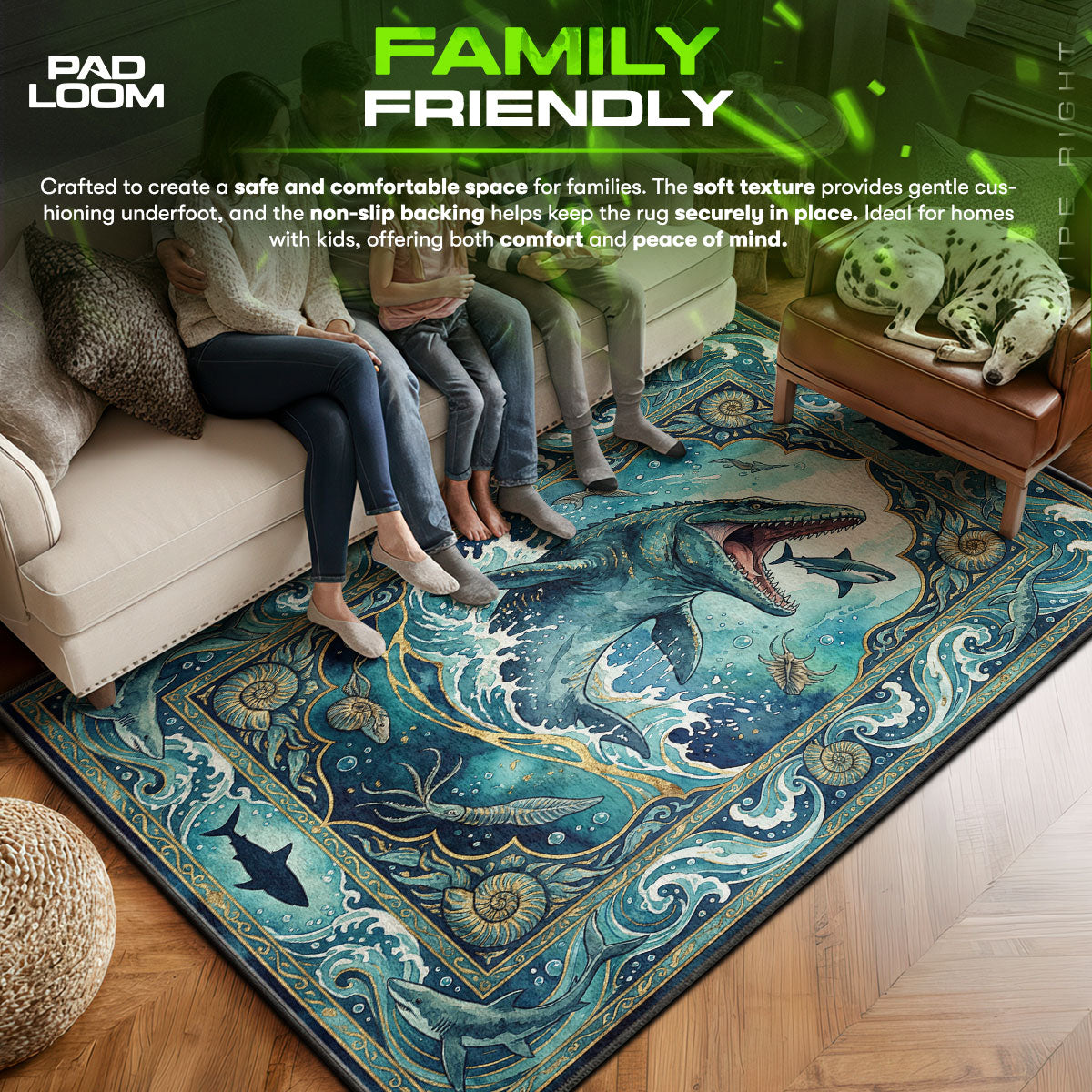 Mosasaurus area rug showing full home decor artwork