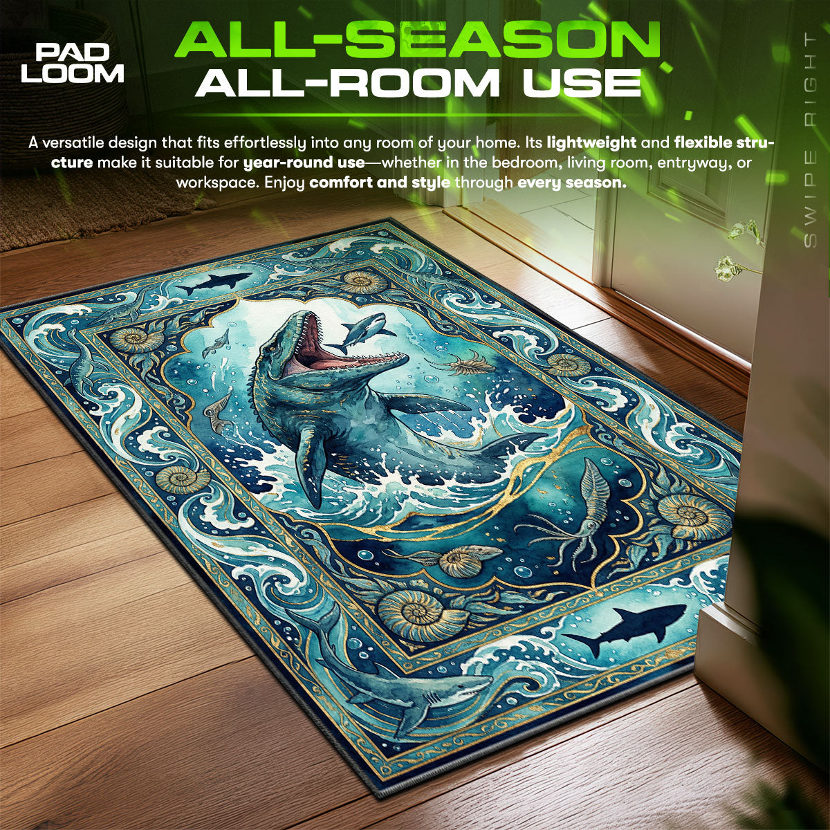 Mosasaurus Shark Feast Jurassic World Room fan rug — premium quality print