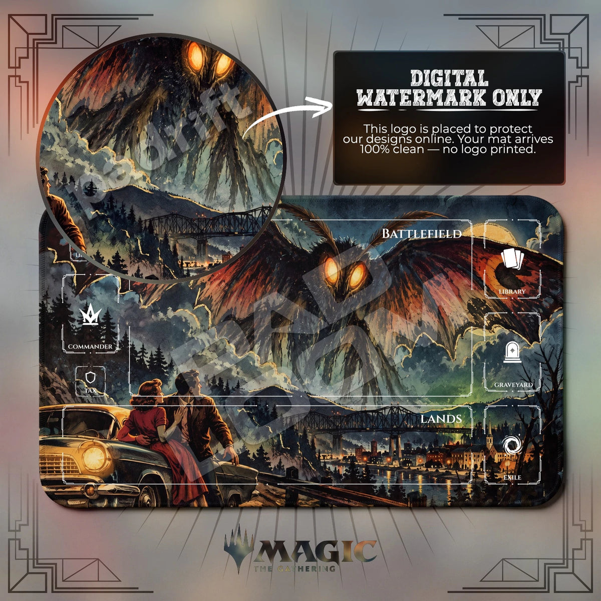 Mothman Retro MTG playmat with zones; the Padloom watermark is digital only, not printed