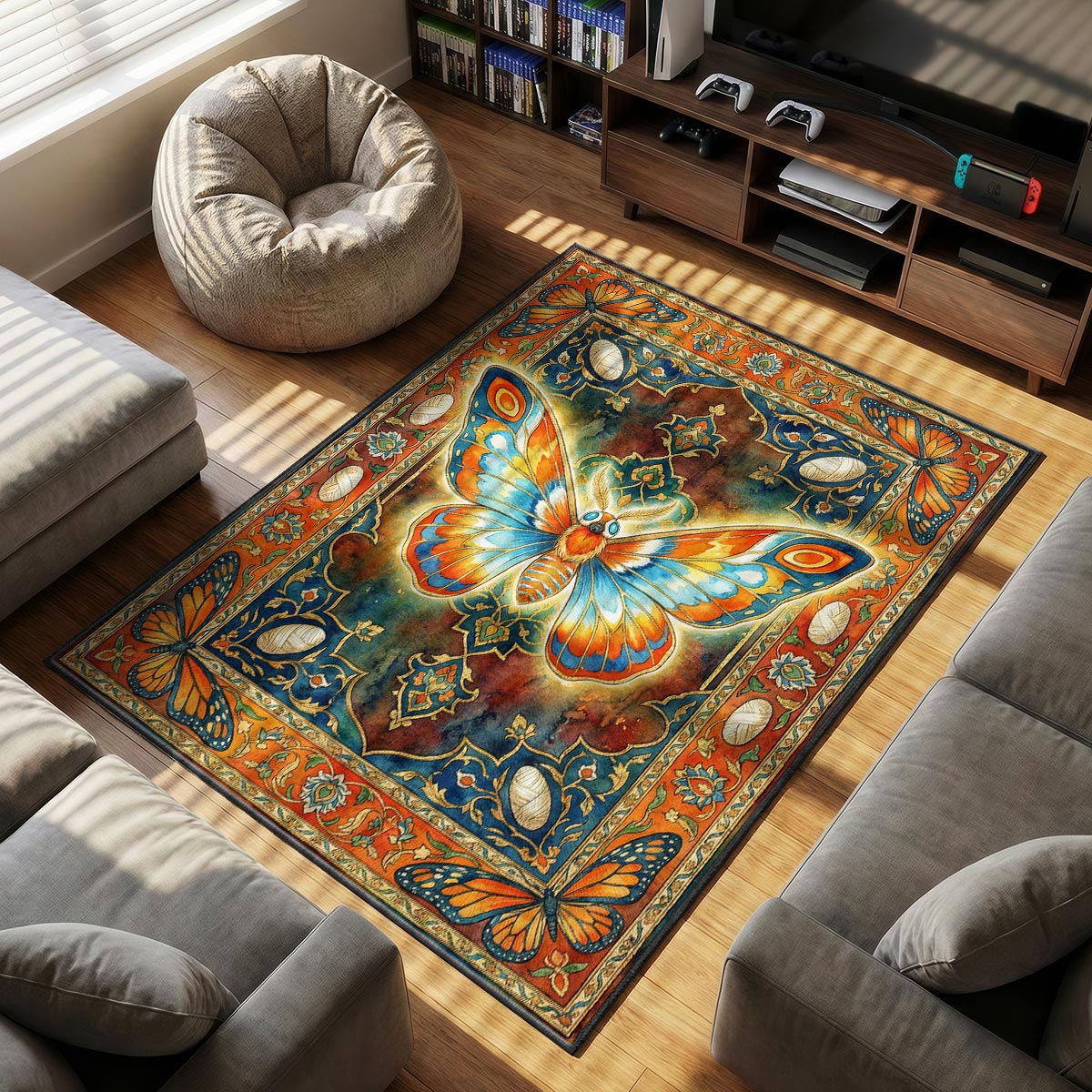 Mothra Radiant themed area rug for home decor fans
