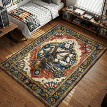 Motorized Patriot George Washington robot holding gatling gun steampunk American flag style gaming area rug and floor mat