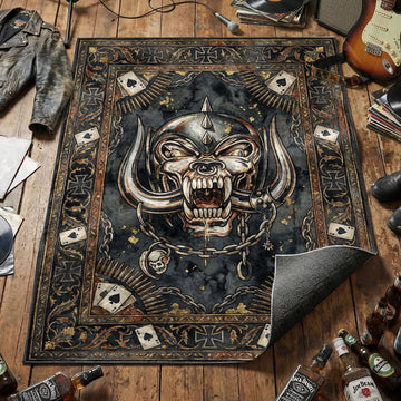 Motörhead Snaggletooth War-Pig skull area rug with ace of spades cards chains and bullet belts on dark tapestry