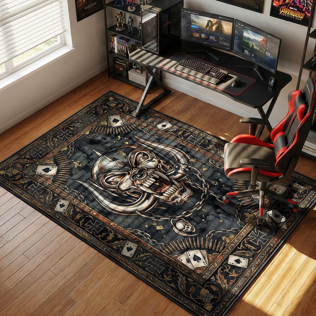 Motörhead heavy metal rug placed in a dark music room with industrial decor and warm lighting