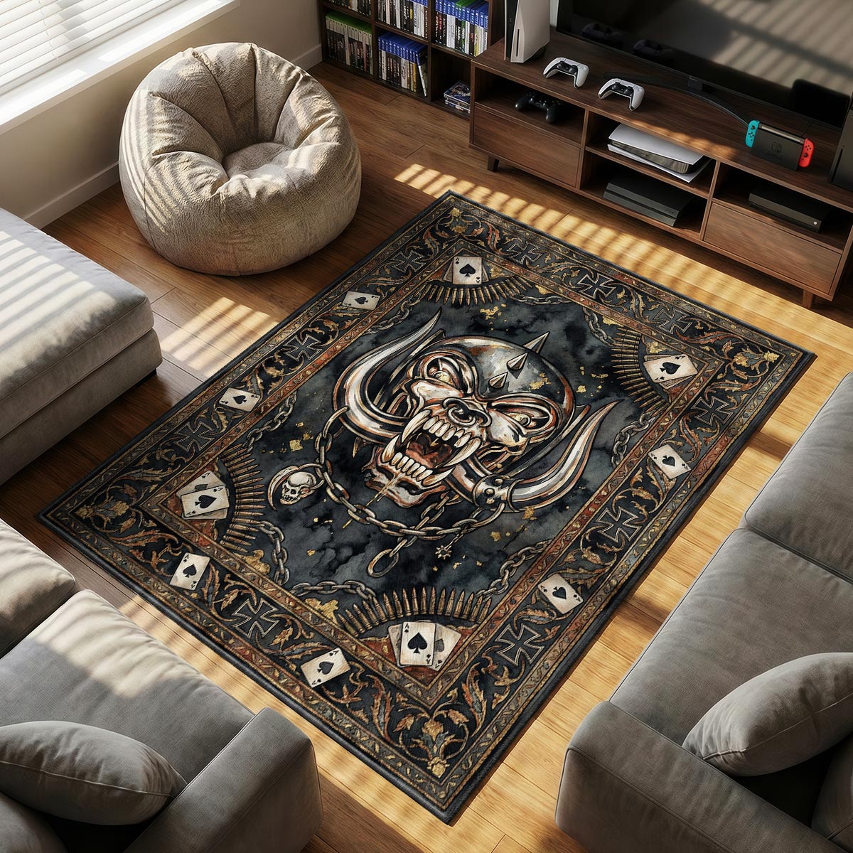 Close-up of Motörhead rug showing Snaggletooth tusk detail and chain texture on velvet fiber surface