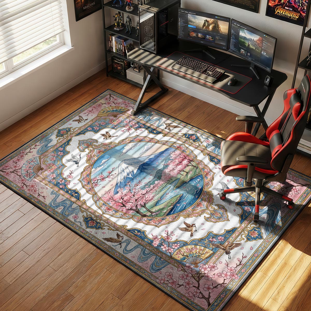 Mount Fuji sakura rug placed in a bright Japanese-style bedroom with light wood and white linens