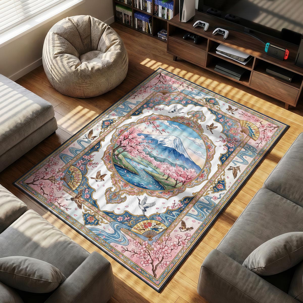 Close-up of Fuji rug showing cherry blossom petal detail and watercolor mountain on velvet