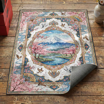 Mount Fuji Cherry Blossom Rug — Japanese Landscape Area Rug