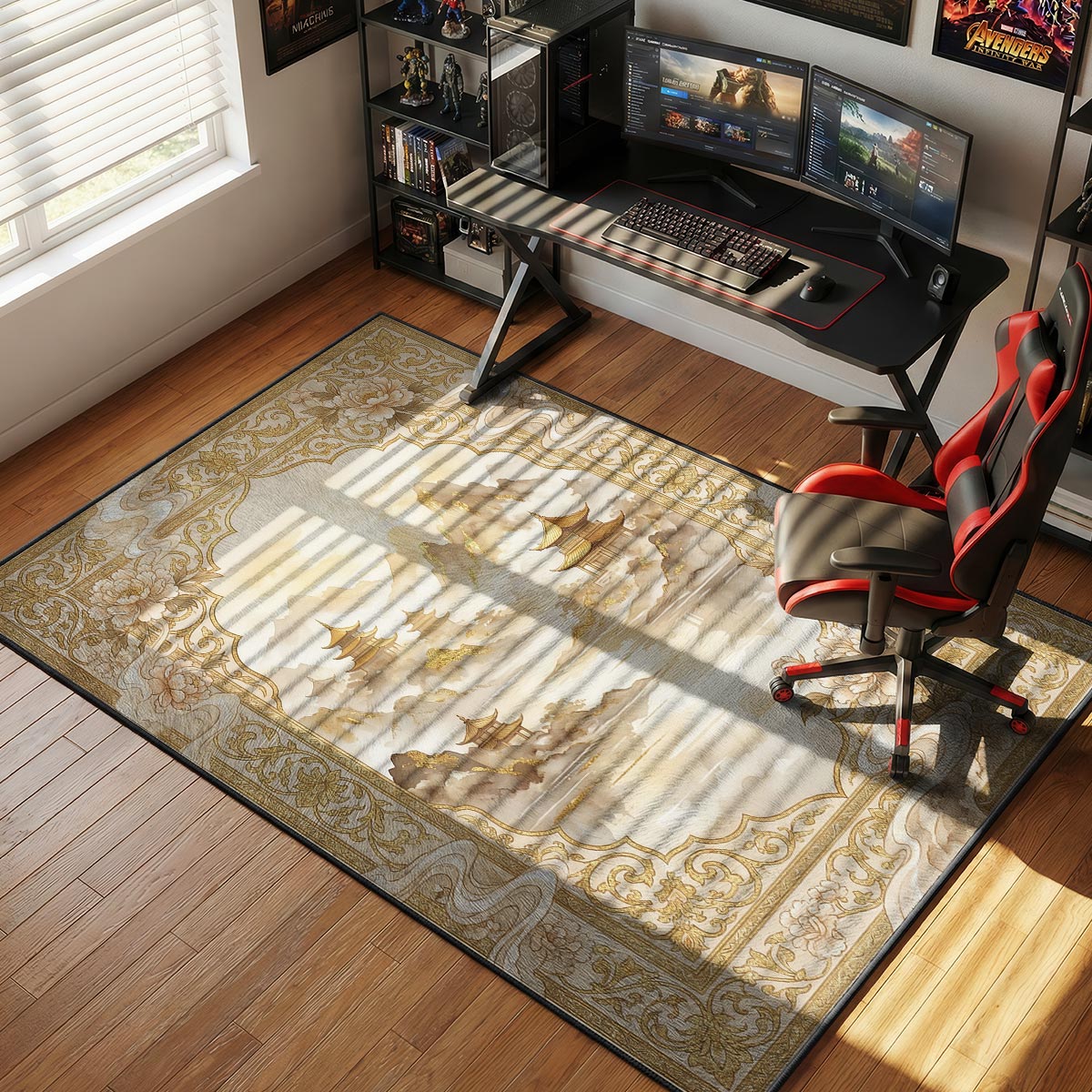 Mountain temple mist rug placed in a serene bedroom with white bedding and pale wood furniture