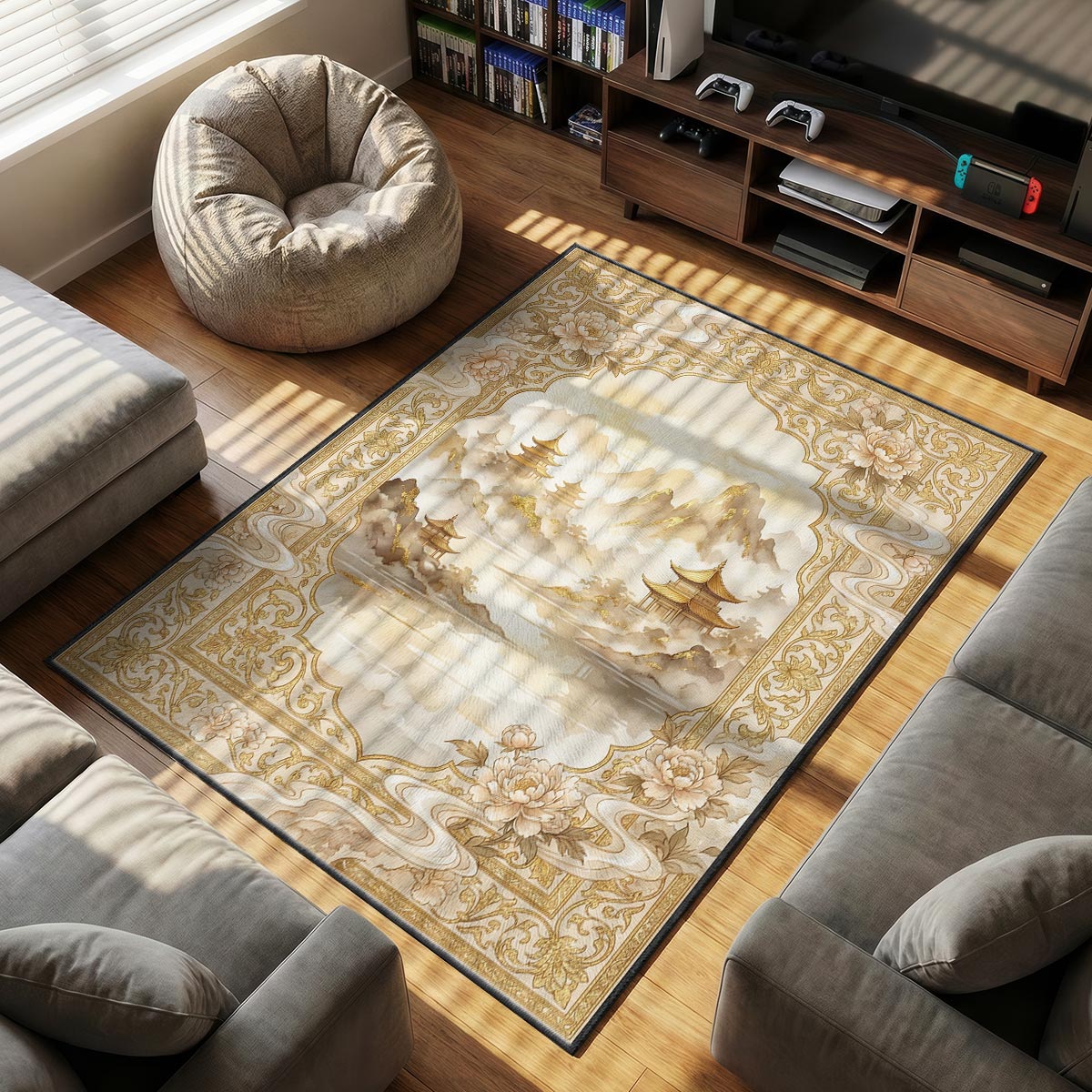 Close-up of mountain temple rug showing gold pagoda detail and cream watercolor wash on plush fiber