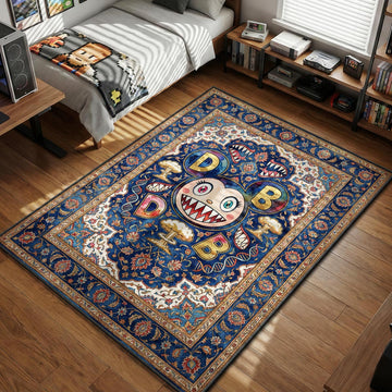 A highly detailed, rectangular floor mat featuring a central Murakami-inspired Mr DOB character with D and B ears, sharp teeth, and mushroom clouds, layered over a classic blue and gold floral Persian area rug.