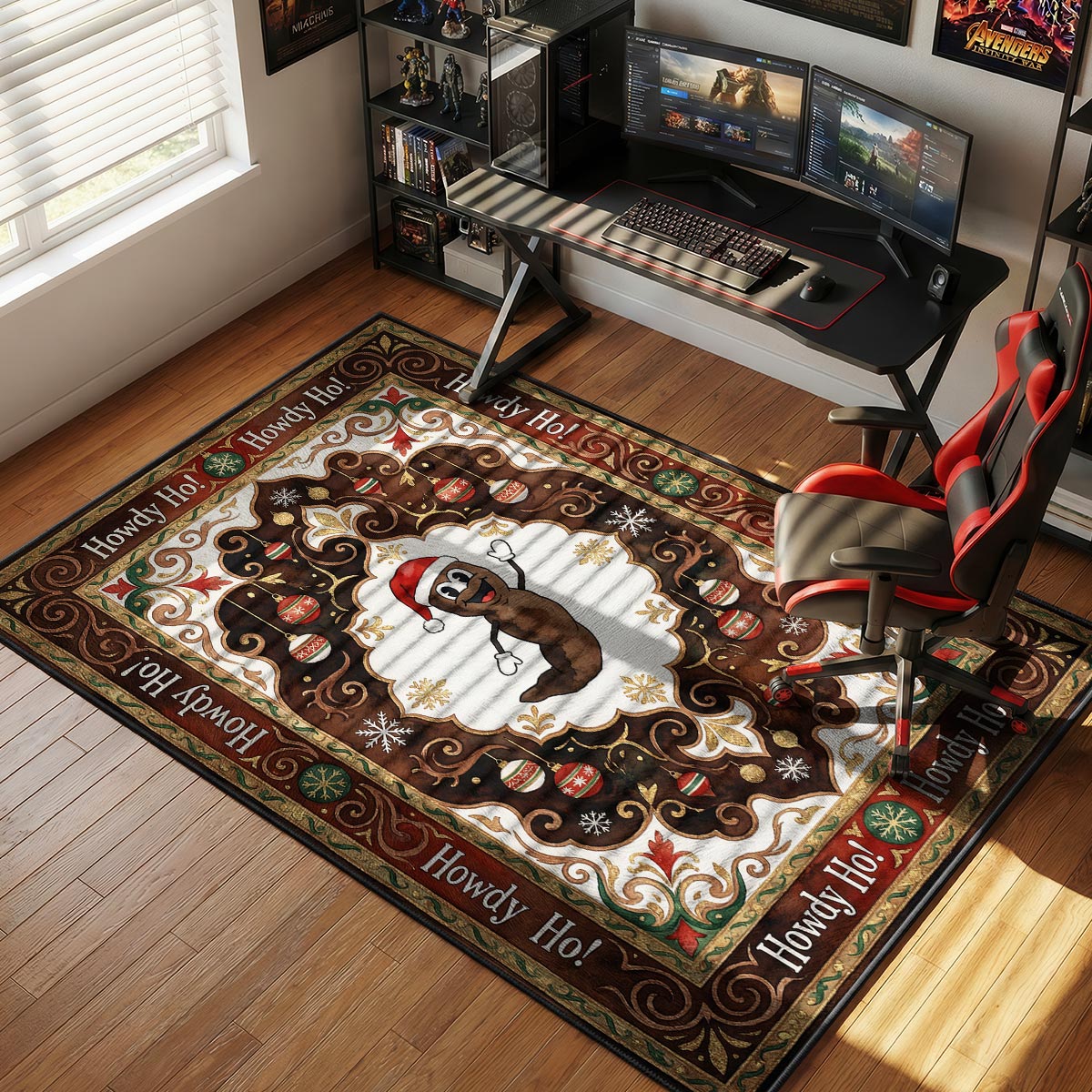 Mr Hankey holiday rug placed beside a fireplace in a festive living room with warm lighting