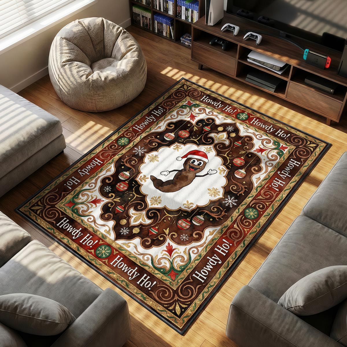 Close-up of Mr Hankey area rug showing Christmas ornament detail and crimson velvet texture