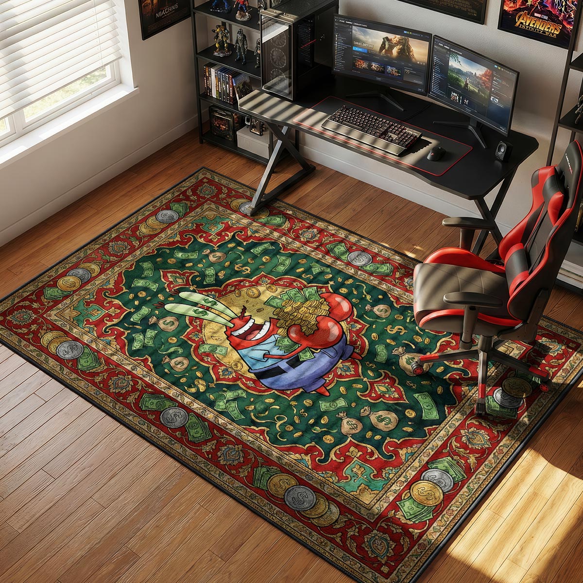 Mr. Krabs cartoon rug in a home office with dark wood desk and gold lighting