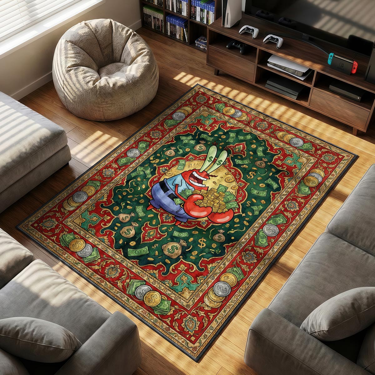 Close-up of Mr. Krabs rug showing gold coin border motif and dye-sublimation print quality