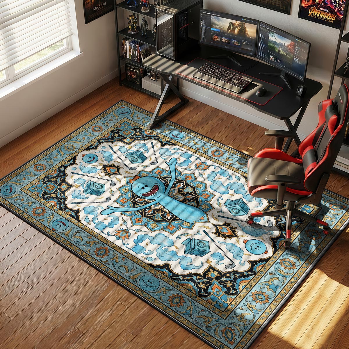 Mr Meeseeks rug placed in a bright living room with white couch and natural daylight