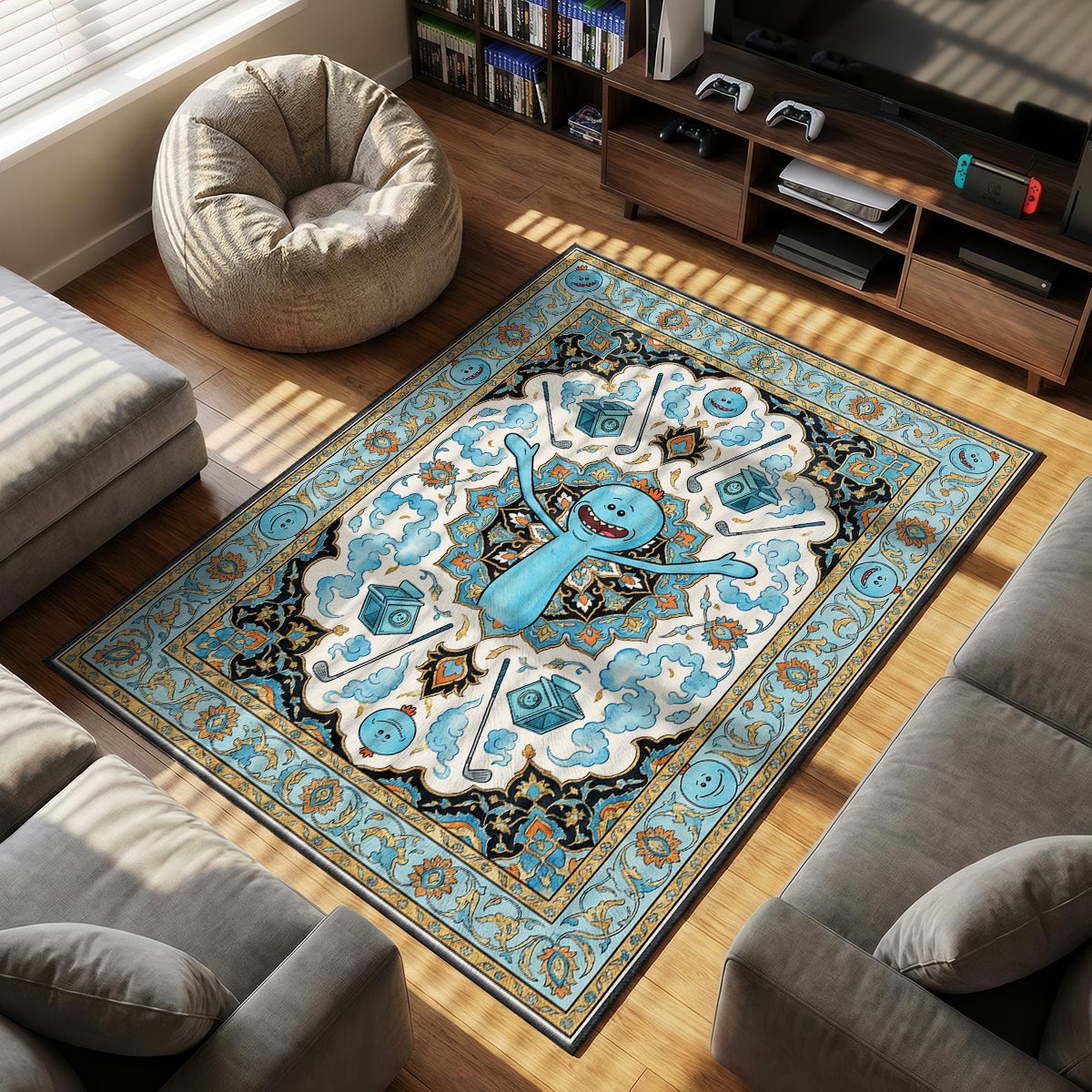 Close-up of Mr Meeseeks area rug showing blue watercolor texture and orange accent details