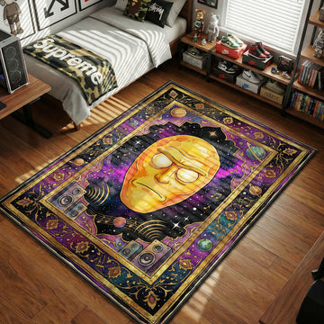 Mr Poopybutthole Rick and Morty area rug with cats and top hat on yellow teal tapestry