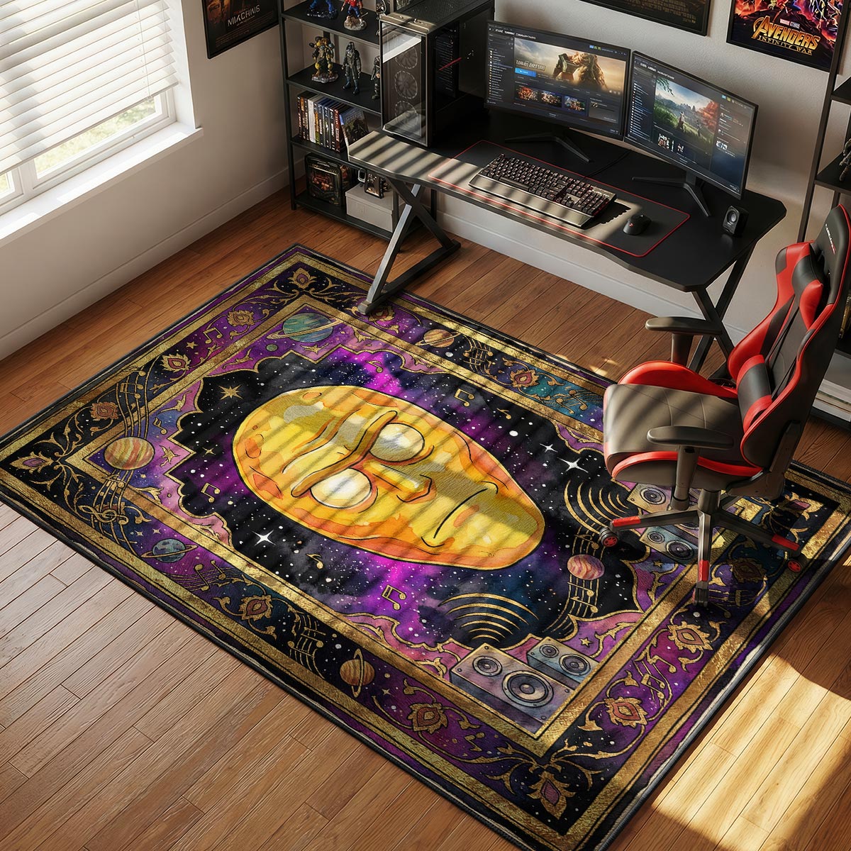 Mr Poopybutthole rug placed in a bright bedroom beside light wood furniture with natural light