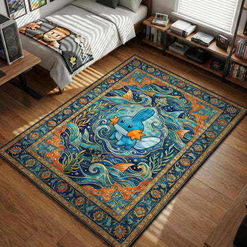Mudkip standing amidst swirling water and orange fin motifs in a blue traditional Persian pattern area rug and floor mat