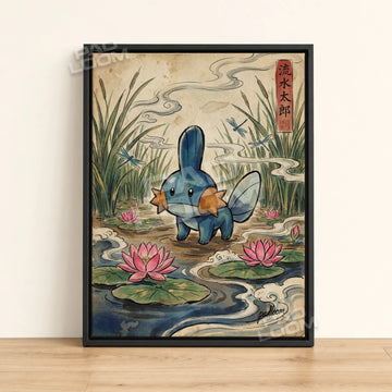 Mudkip Lotus Pokemon poster - framed canvas wall art in a black frame
