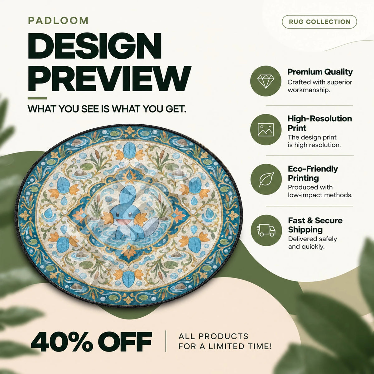 Mudkip Wading Pokemon round rug full design preview