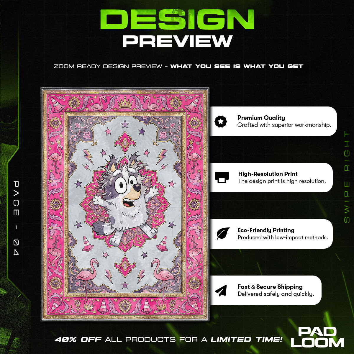 Floor character design printed on rug