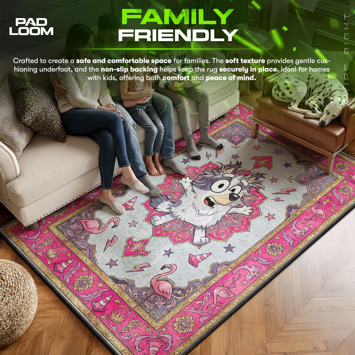 Bluey area rug showing full home decor artwork