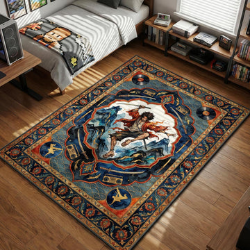 Mugen jumping with katana amidst boomboxes and vinyl records in traditional ukiyo-e fusion style area rug and floor mat