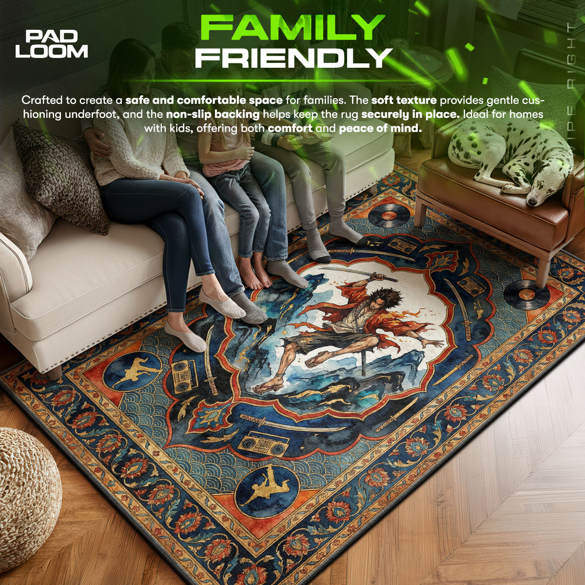 Mugen area rug showing full home decor artwork