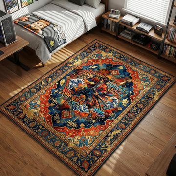 Mugen jumping with katana amidst graffiti tags and ocean waves in ukiyo-e street style area rug and floor mat