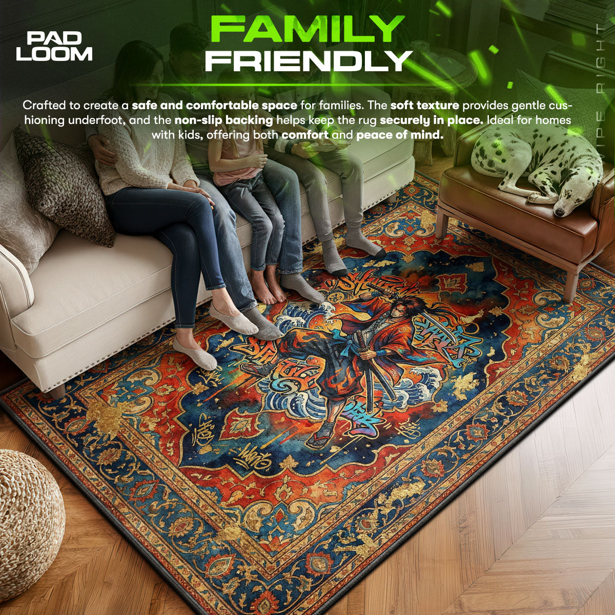 Mugen area rug showing full home decor artwork