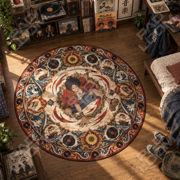 Mugen Leaping Samurai Champloo round rug on a bedroom floor - Samurai Champloo chair mat