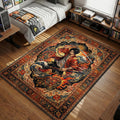 Mugen wielding katana against a backdrop of rising sun flames and ocean waves ukiyo-e style area rug and floor mat