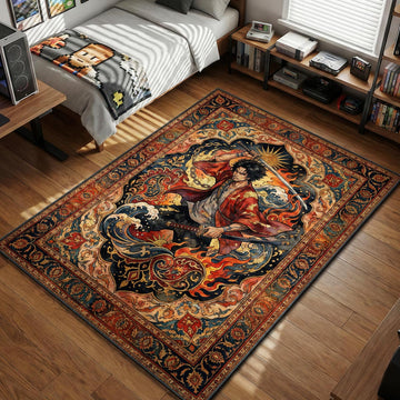Mugen wielding katana against a backdrop of rising sun flames and ocean waves ukiyo-e style area rug and floor mat
